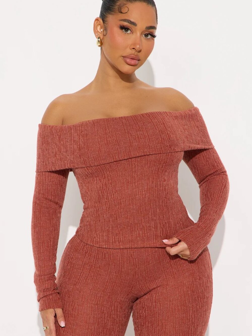 Fashion Nova Rust Off Shoulder Pant Set 2 Piece Wide Leg Stretch Size Large - Picture 2 of 4